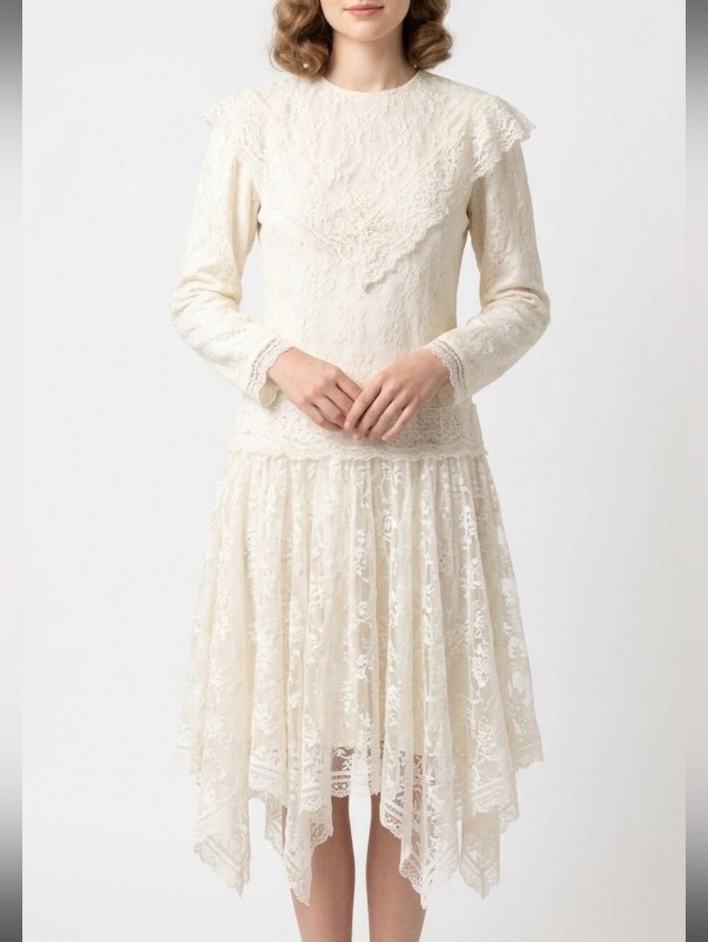 Vtg Gunne Sax Ivory Cream Lace Long-Sleeve Drop Waist Victorian Party Dress 8